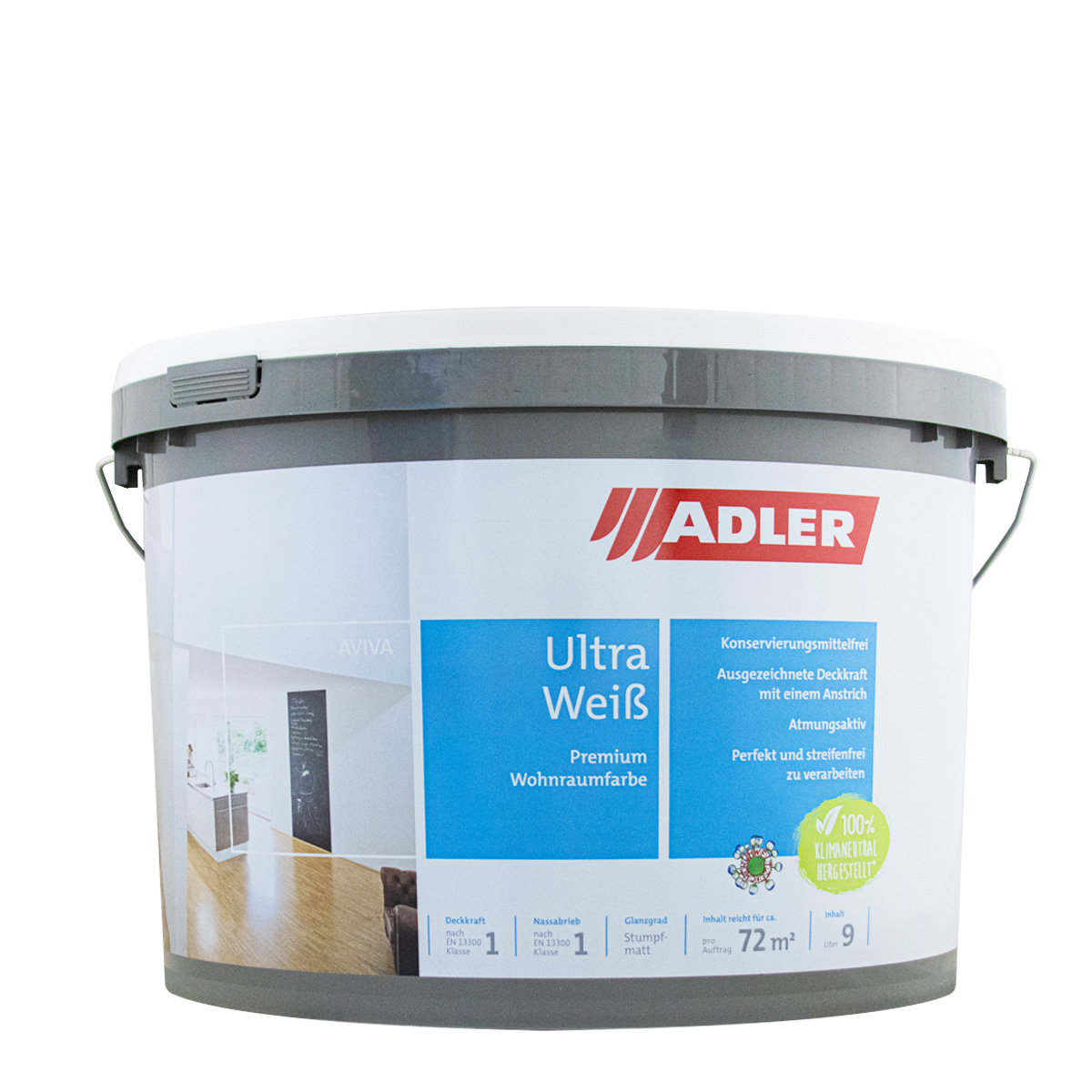 Adler Aviva Ultra-Weiß 1L, Premium Wandfarbe, Dispersionsfarbe