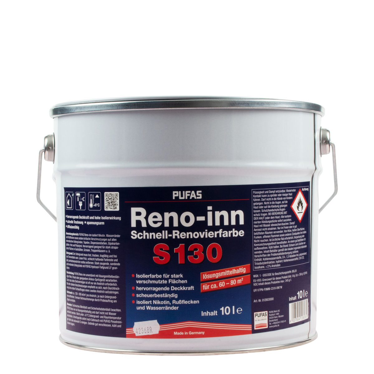 Pufas Reno-inn Schnell-Renovierfarbe S130 weiß 10L, Wandfarbe, Isolierfarbe, Nikotinfarbe