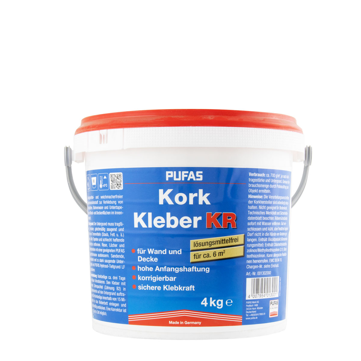 Pufas Kork Kleber KR 4kg, Dispersionskleber, Korkplatten Kleber für innen