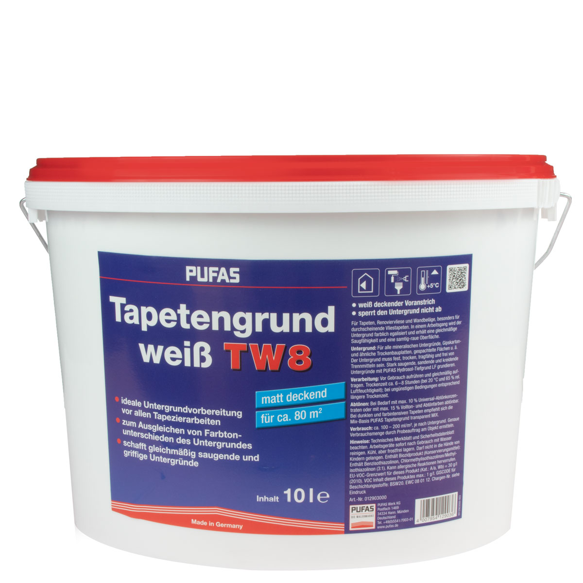 Pufas Tapetengrund weiß TW8 10L, Voranstrich für Wandbeläge, Tapeziergrund, Grundierung