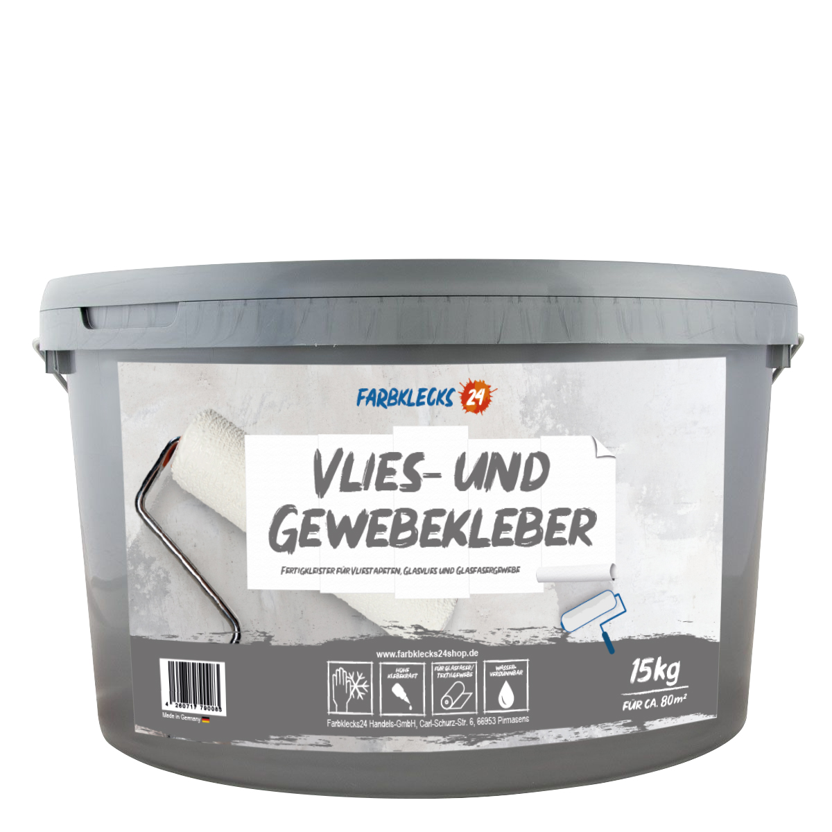 Farbklecks24 Vlies- und Gewebekleber 15kg verarbeitungsfertiger Tapetenkleister, Dispersionskleber, Vlieskleber