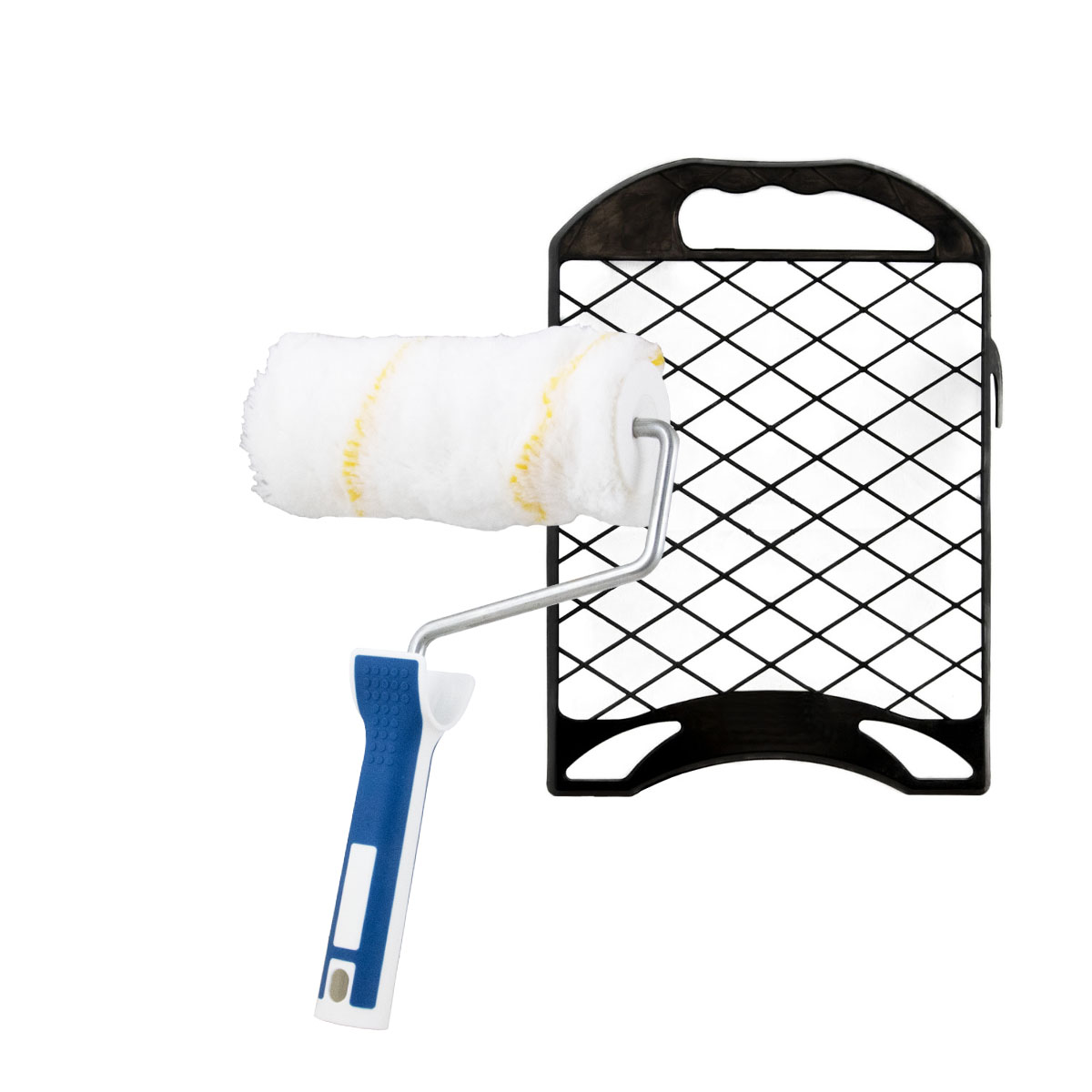 Farbroller Set klein, Malerrolle Polyamid Goldfaden 18cm, 2K Comfort Bügel, Abstreifgitter