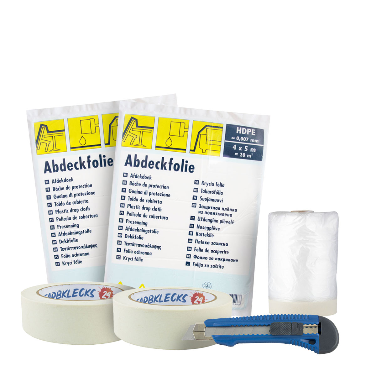 Abdeckset klein, 2x Abdeckfolie 4x5m, 2x Malerkrepp29mm 1x Folienmasker 55cm, 1x Cuttermesser