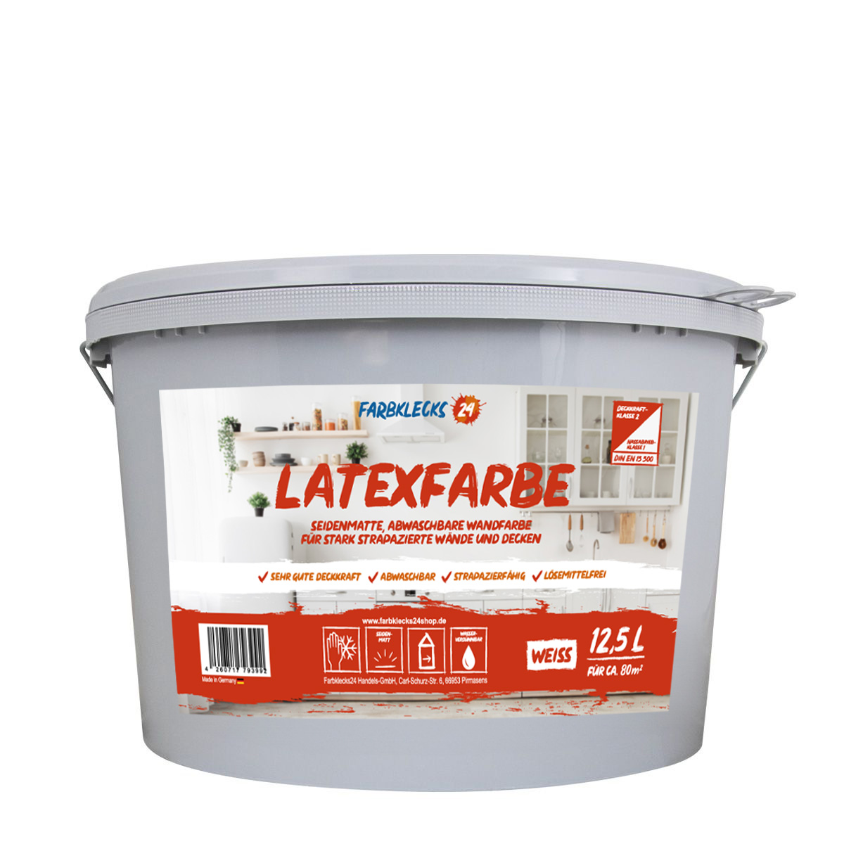 Farbklecks24 Latexfarbe 2,5L weiß, seidenmatt, Badfarbe, Küchenfarbe