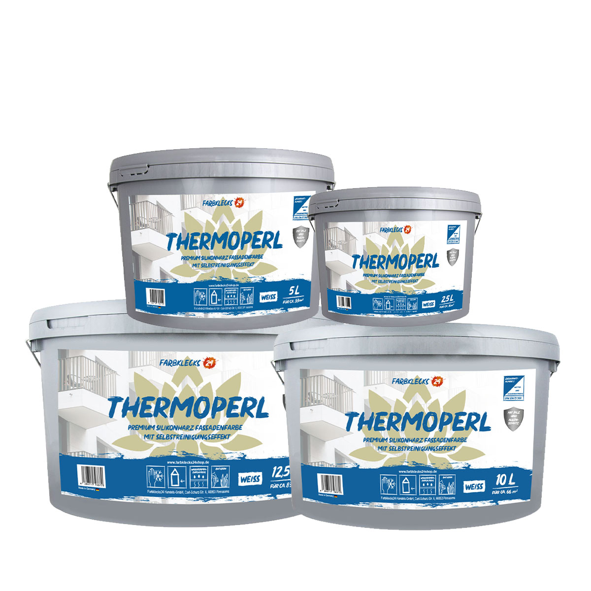 Farbklecks24 Thermoperl 10L weiss, selbstreinigende premium Silikonharz Fassadenfarbe mit Abperleffekt