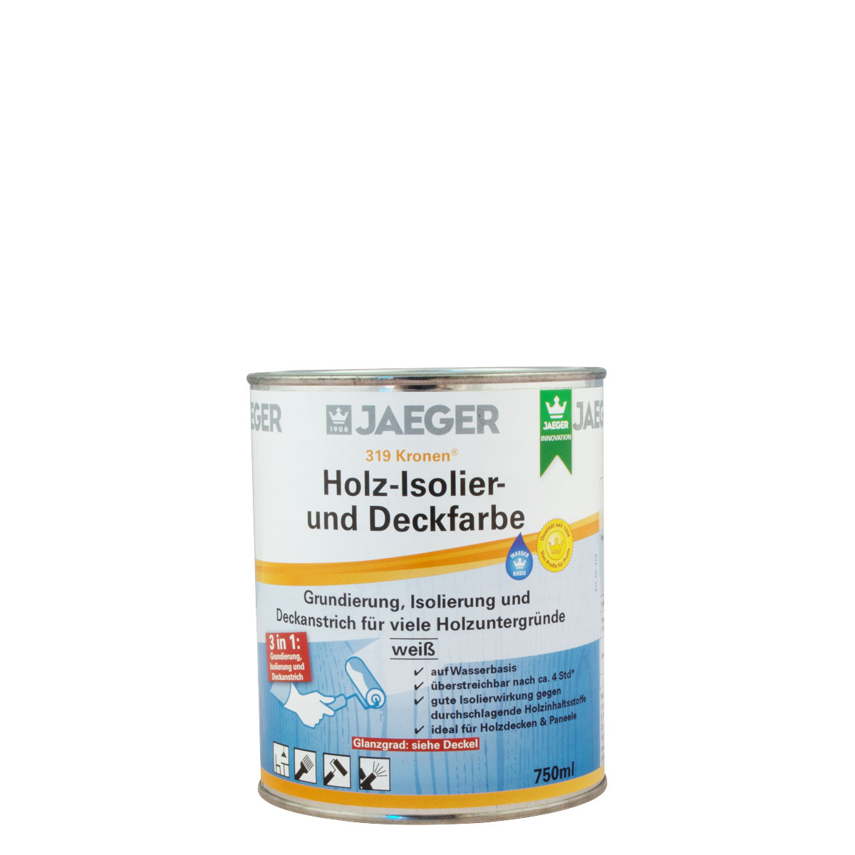 Jaeger Kronen Holz-Isolier- und Deckfarbe 319 weiss 2,5L matt, 3in1 Holzdeckenfarbe