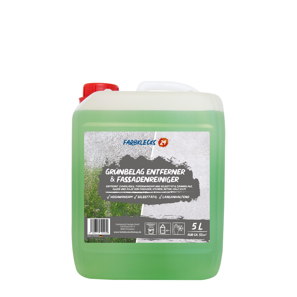Farbklecks24 Grünbelagentferner & Fassadenreiniger 5L, Steinreiniger, Betonreiniger