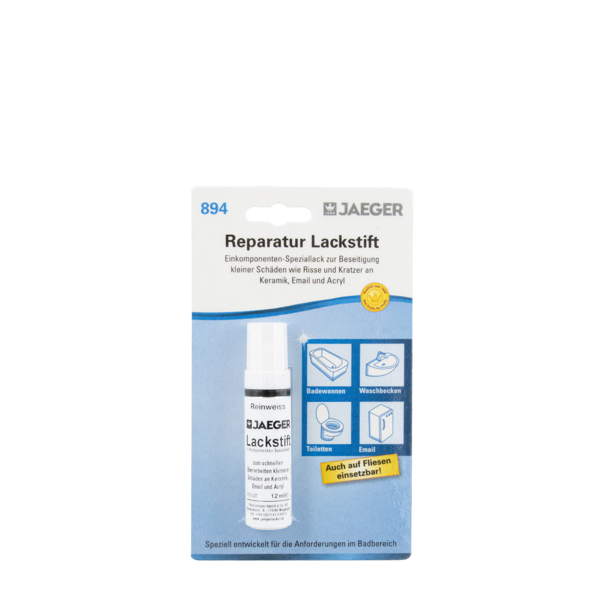 Jaeger Reparatur Lackstift 894 reinweiß 10ml, Speziallack für Keramik, Email, Acryl