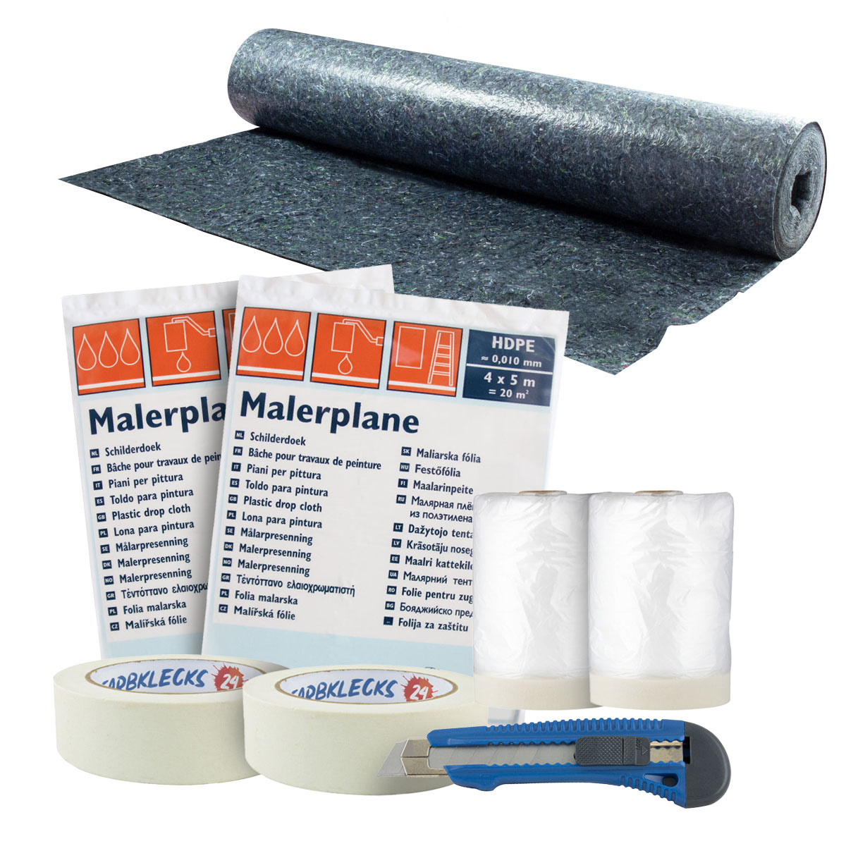 Abdeckset groß, 1x Malervlies 50m ,2x Abdeckfolie 4x5m, 2x Malerkrepp29mm 2x Folienmasker 55cm, 1x Cuttermesser