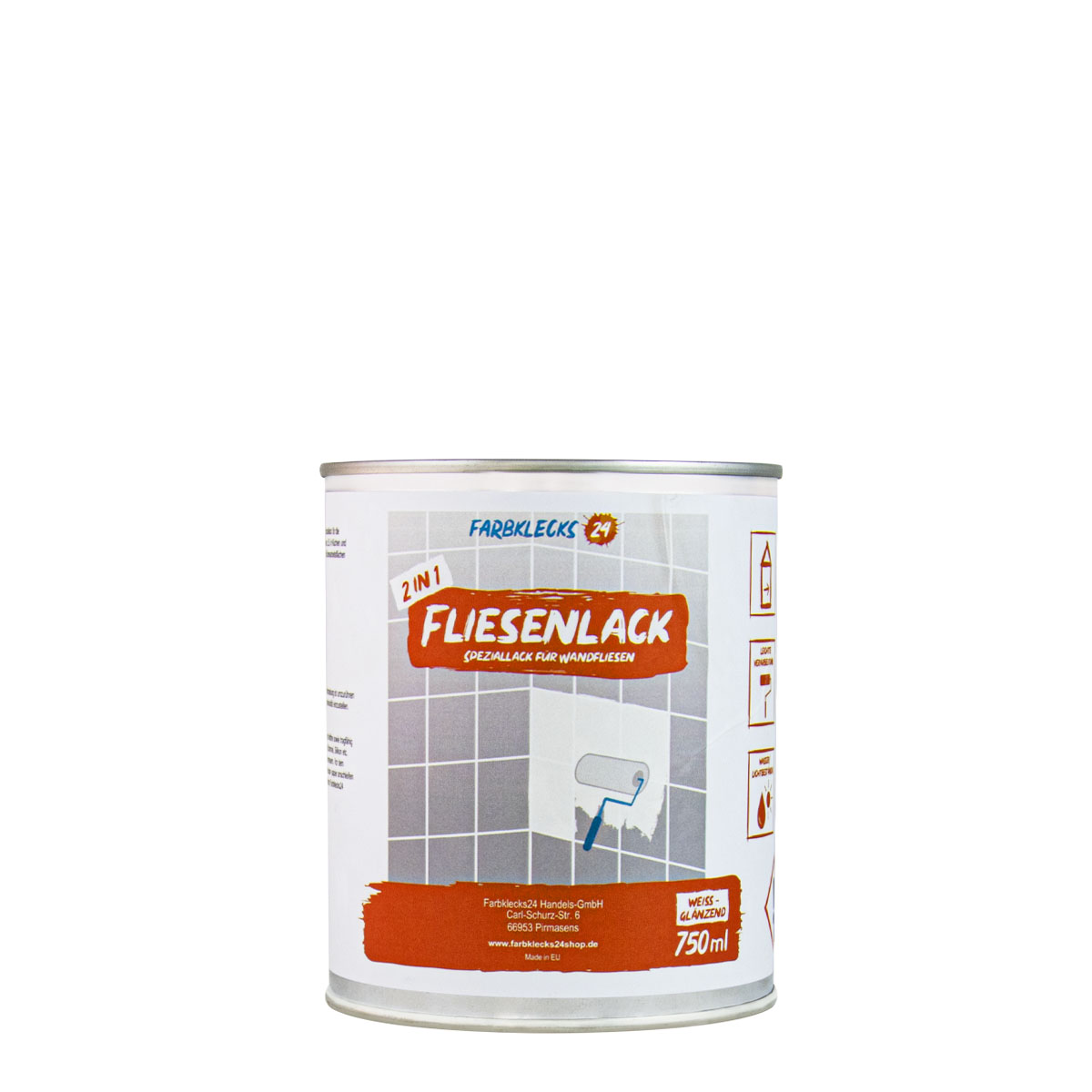 Farbklecks24 Fliesenlack weiß 750ml glänzend, Lack für Wandfliesen, Fliesenfarbe, für Küche u. Bad