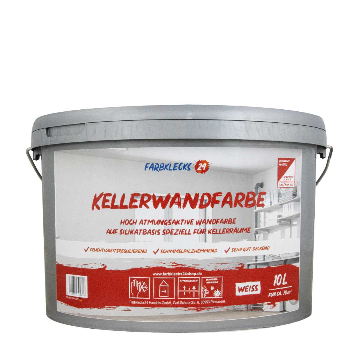 Farbklecks24 Kellerwandfarbe 5L weiß, atmungsaktive Wandfarbe, Silikatfarbe Keller, Keller Farbe