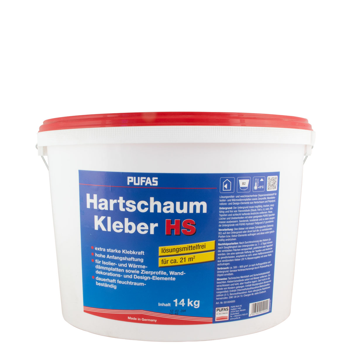 Pufas Hartschaum-Kleber HS 1kg, Dispersionskleber, Dämmstoffkleber für innen