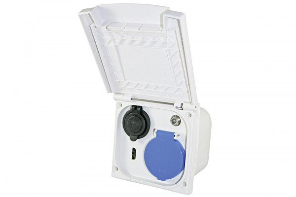 MULTIFUNKTIONS AUSSENSTECKDOSE MIT DOPPEL USB / HDM / 230 V / SAT, WEIS