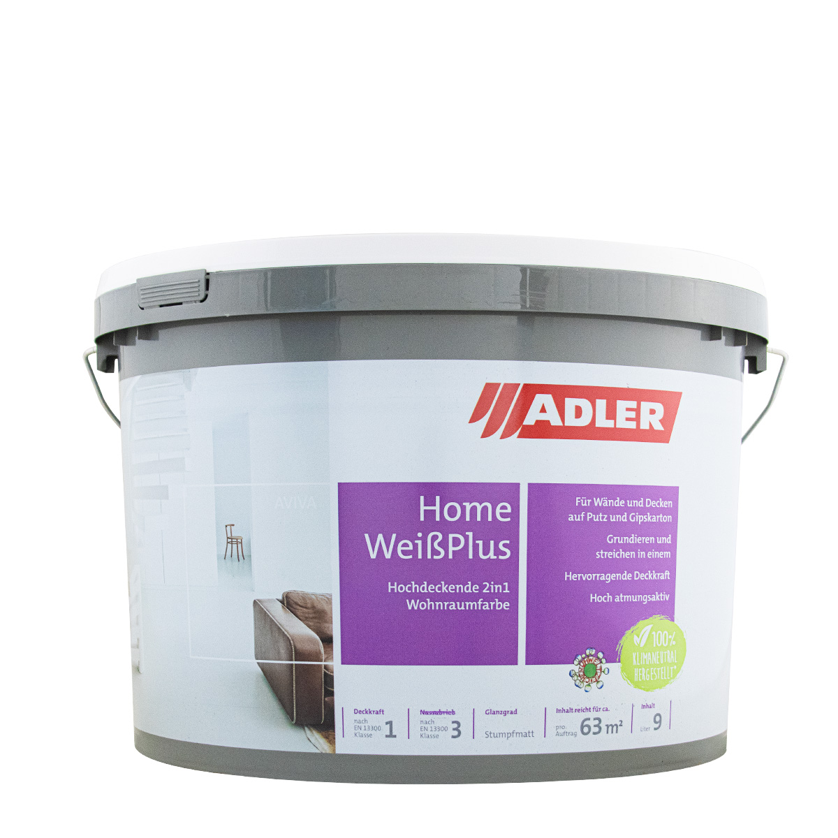 Adler Aviva Home-Weiß Plus 3L, Wandfarbe mit Grundierung, Dispersionsfarbe, Trockenbaufarbe