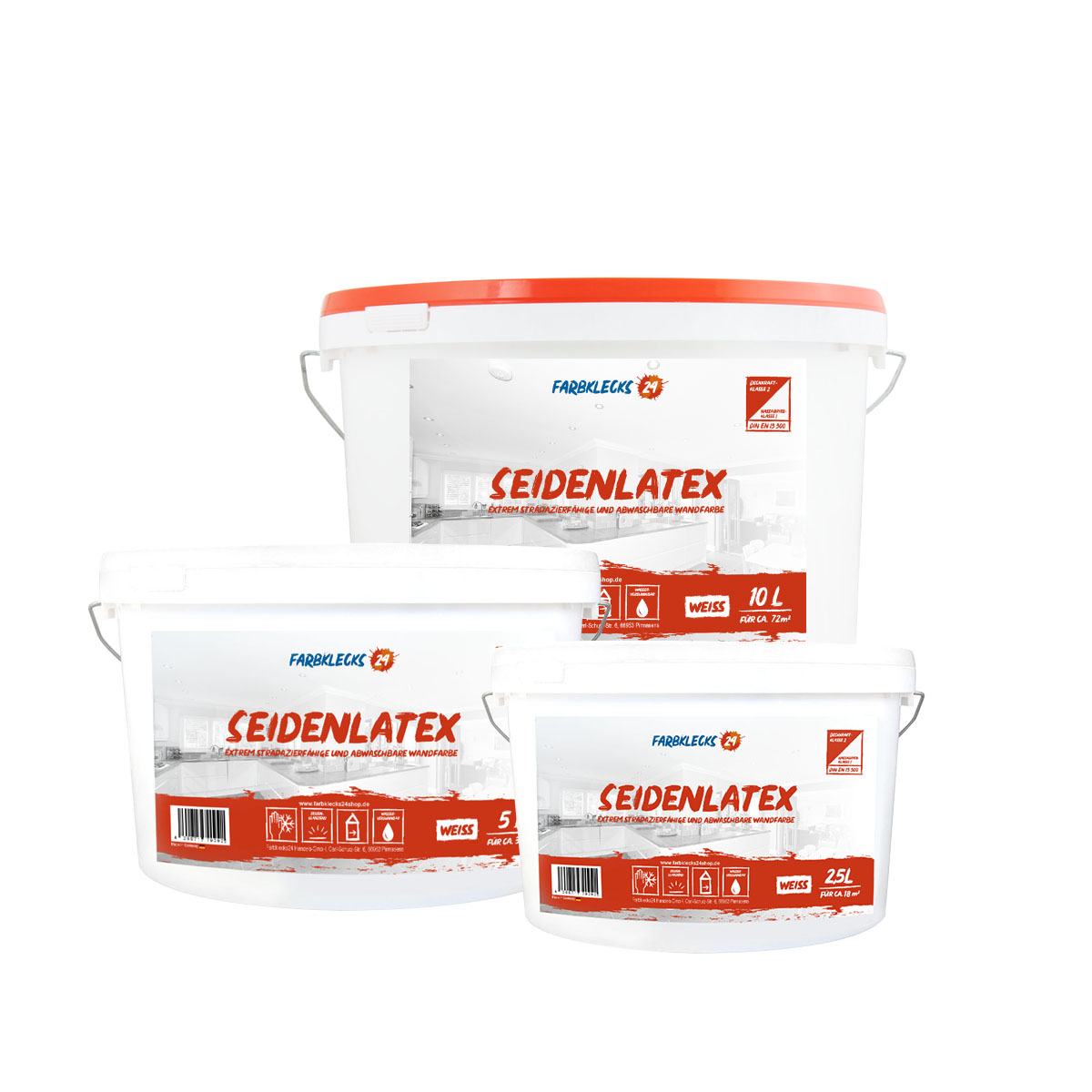 Farbklecks24 Seidenlatex 10L weiss, Latexfarbe, abwaschbare Wandfarbe, Küchenfarbe, Badfarbe