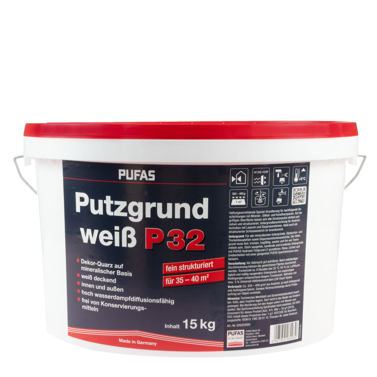 Pufas Putzgrund weiß P32 fein 15kg, Quarzgrund, Voranstrich für Putze, Grundierung