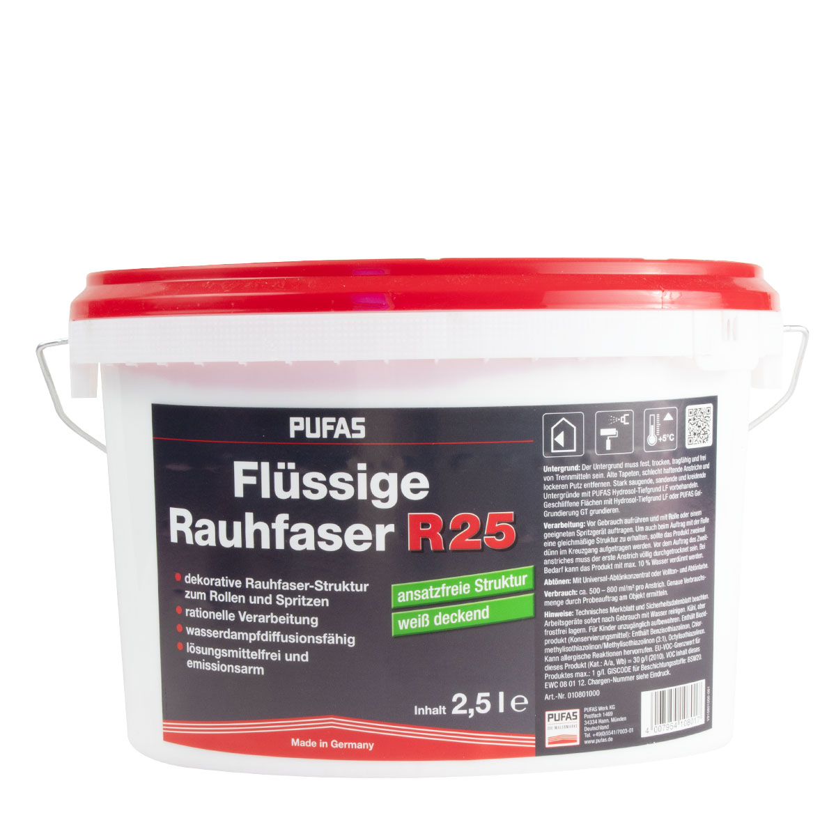 Pufas Flüssige Rauhfaser R25 weiß 2,5L dekorative Wandfarbe, Dispersionsfarbe